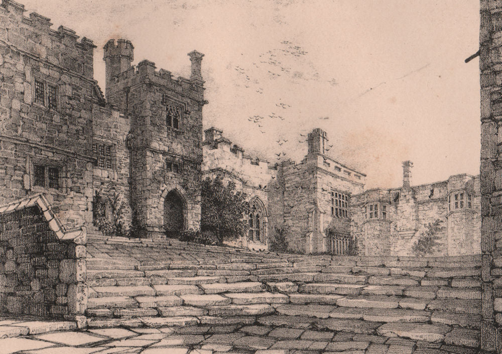HADDON HALL. The courtyard, from Entrance gateway. Derbyshire 1836 old print
